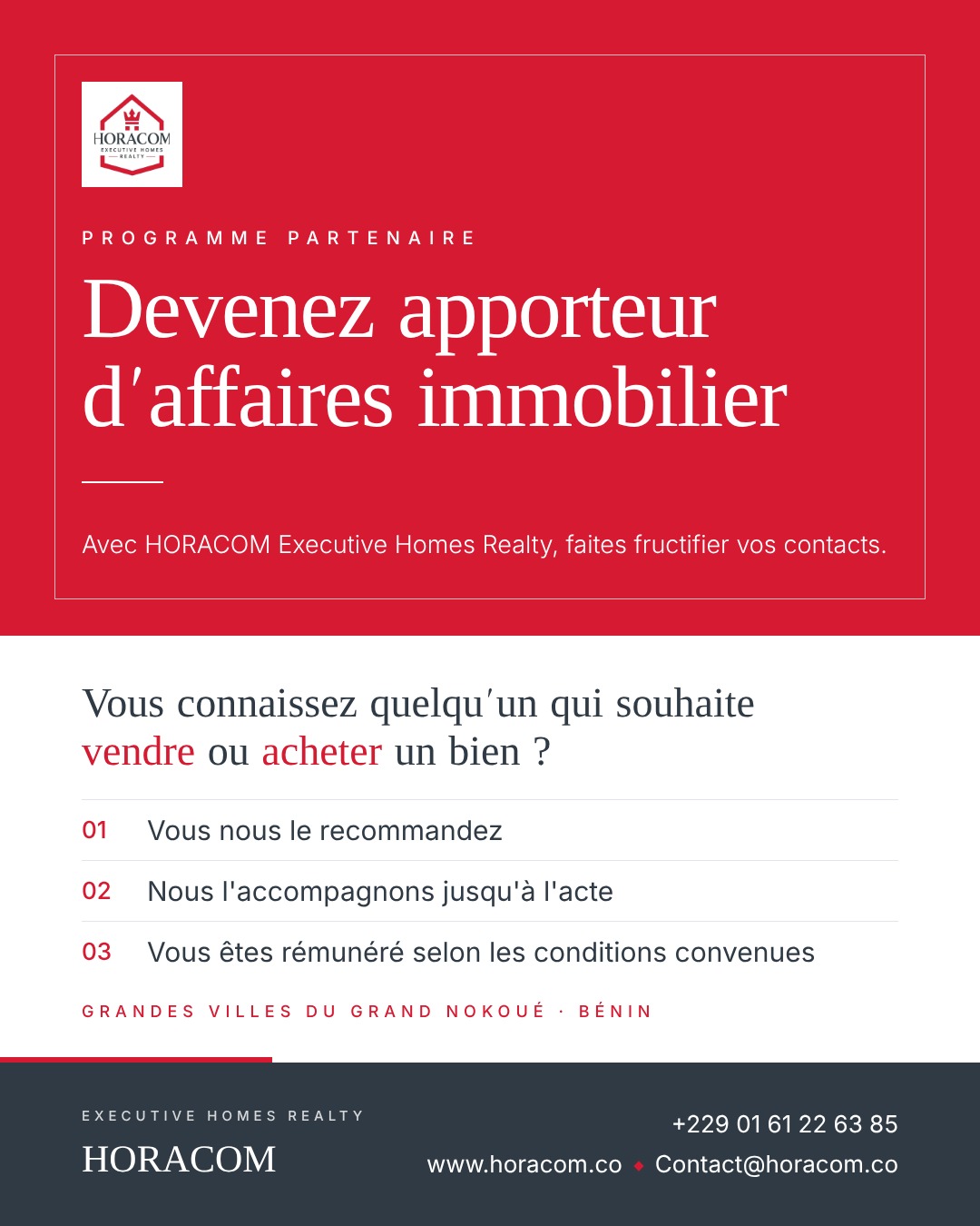 Affiche : devenir apporteur d'affaires immobilières avec HORACOM Executive Homes Realty
